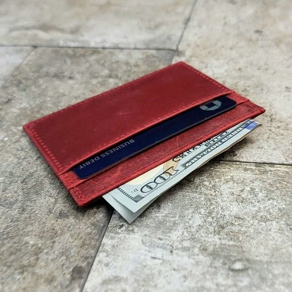 Men's Genuine Crazy Horse Leather Card Case Red - Picture 3 of 6